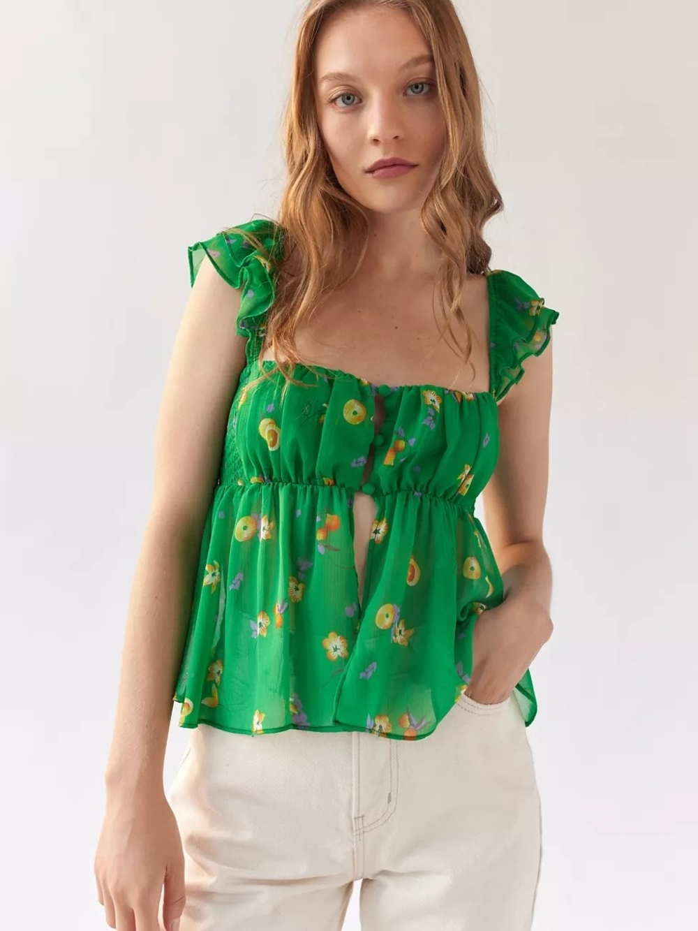 Urban Outfitters Bright Green Floral Peplum Camisole